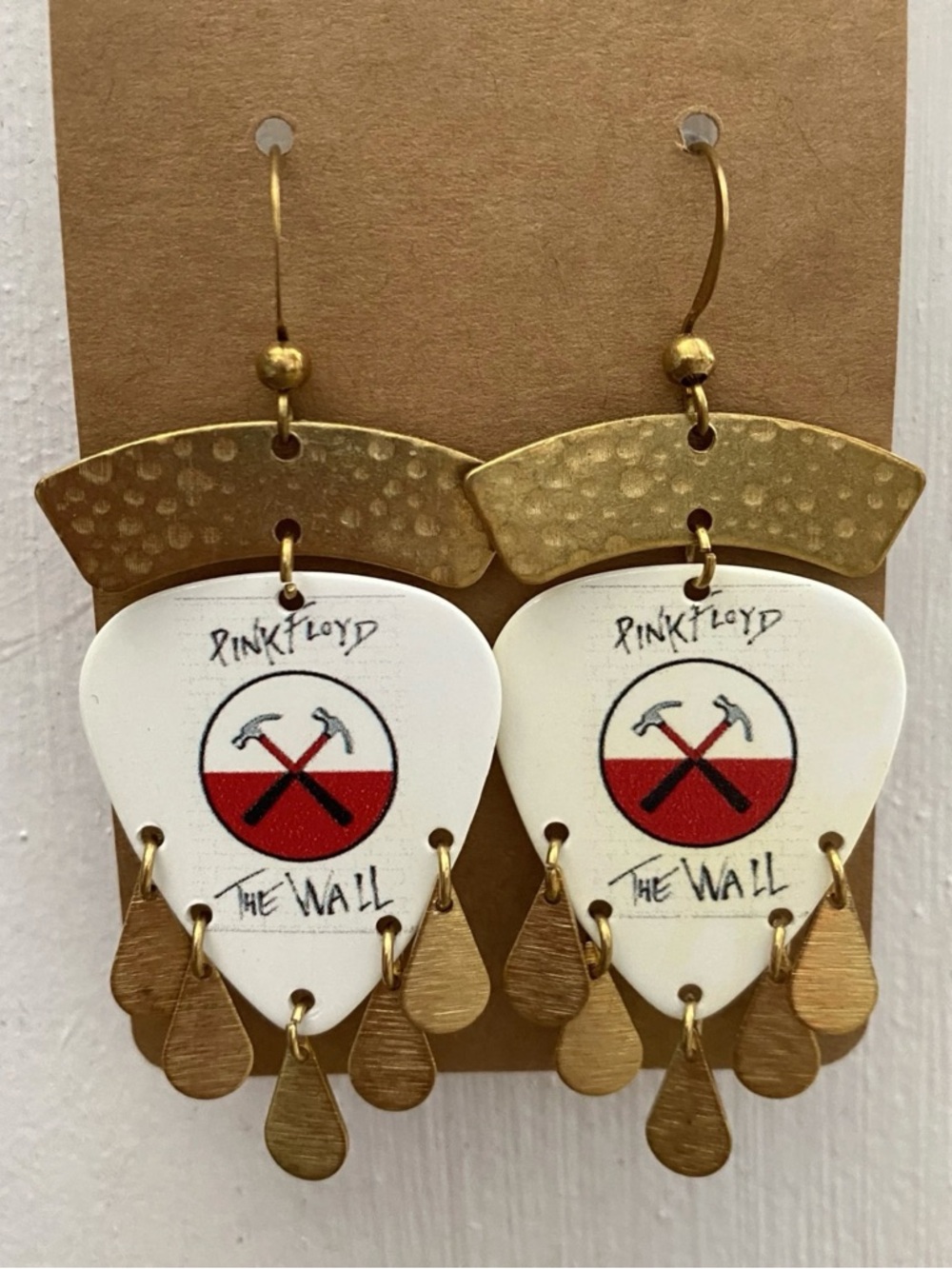 Pink Floyd 'The Wall' White & Gold Guitar Pick Drop Earrings
